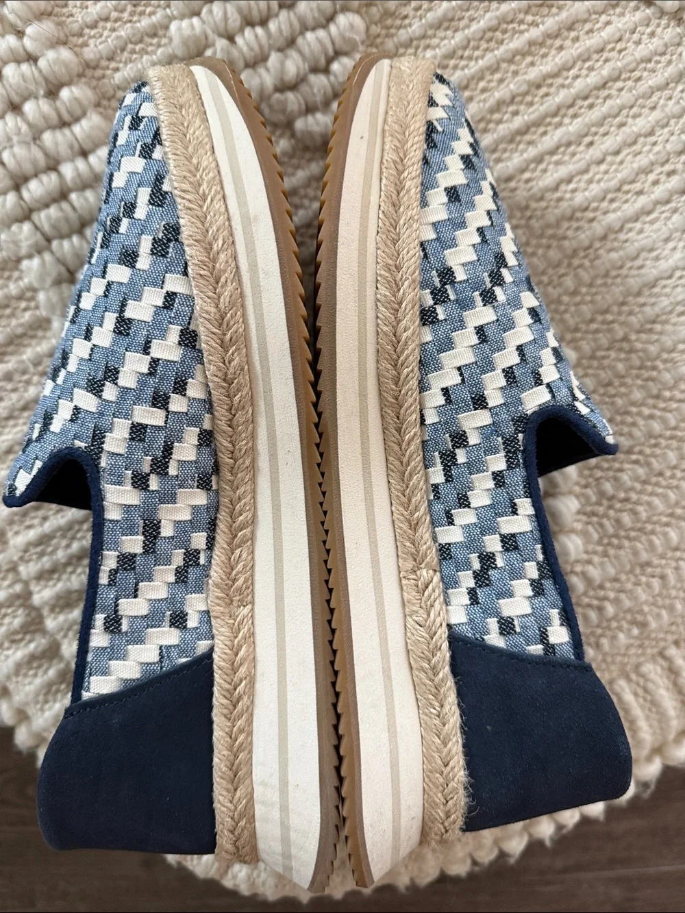 TOMS Blue Navy White Woven Textured Platform Slip-On Mules Espadrilles 9